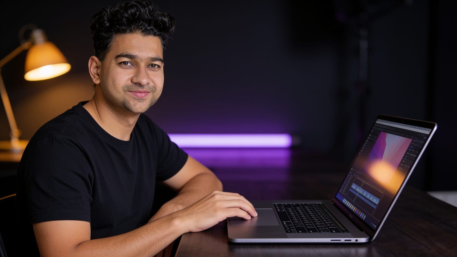 Adarsh editing at his laptop, timeline on screen
